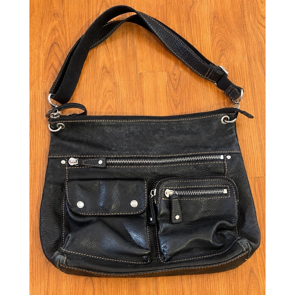 Fossil Black Leather Crossbody Bag Multi Pocket Zip Flap Shoulder Purse